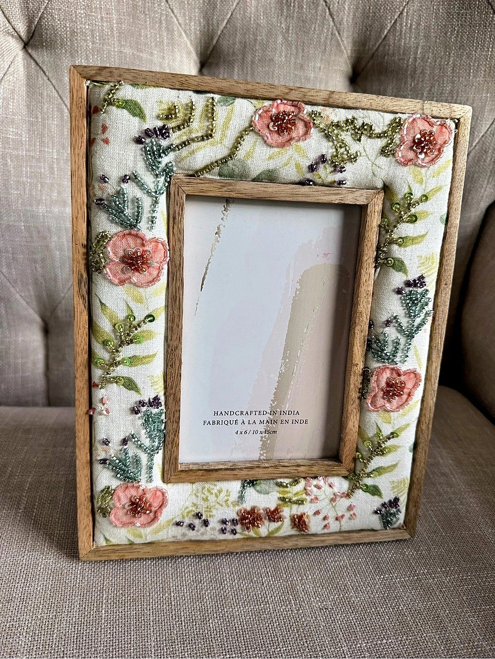 Shaila Anant Handcrafted Floral Fabric Beaded Photo Frame NEW